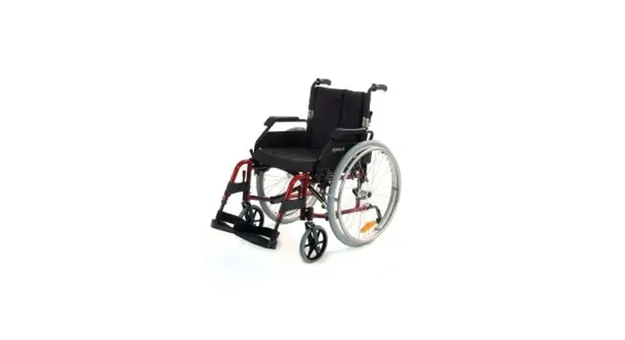 Self-propelled wheelchair with a red and silver folding frame, black padded seat and large rear wheels with handrims